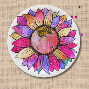 Plato De Papel Placa de papel rosa y morado de verano con girasol