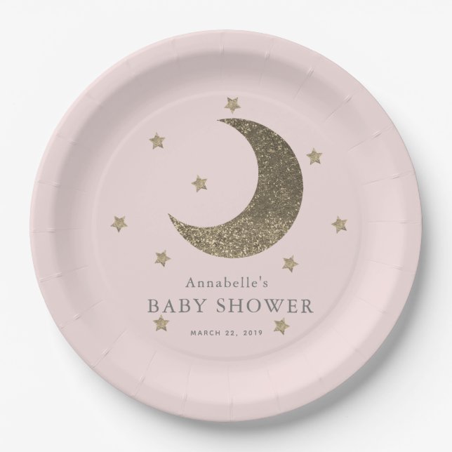 Plato De Papel Placa de papel Rubor rosa para Baby Shower Moon &  (Anverso)