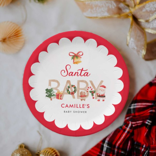 Plato De Papel Placa de papel Santa Baby Shower para navidades (Santa Baby Shower Personalized Paper Plates)
