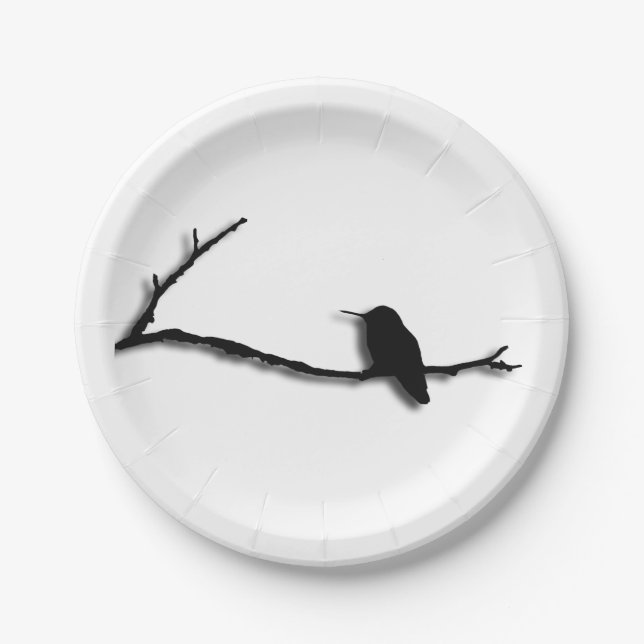 Plato De Papel Placa de papel - Silhouette Hummingbird en una ram (Anverso)
