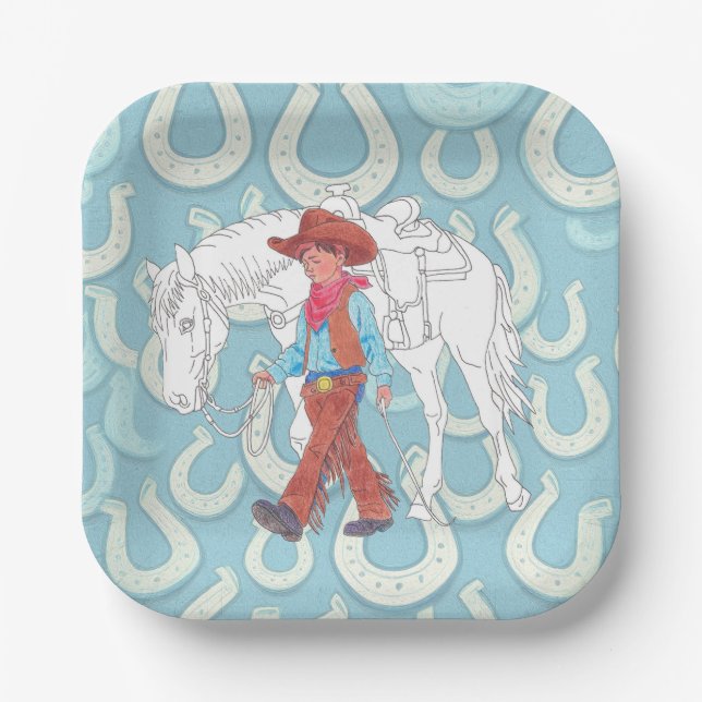 Plato De Papel Placa de papel Vaquero joven y caballo (Anverso)