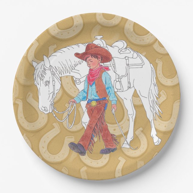 Plato De Papel Placa de papel Vaquero joven y caballo (Anverso)