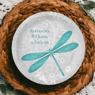Plato De Papel Placa de papel verde azulada de Boda de la libélul