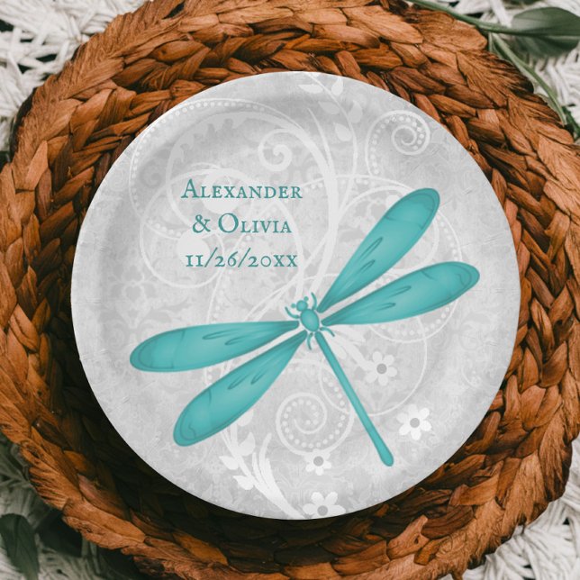 Plato De Papel Placa de papel verde azulada de Boda de la libélul (Teal Dragonfly Wedding Paper Plate)