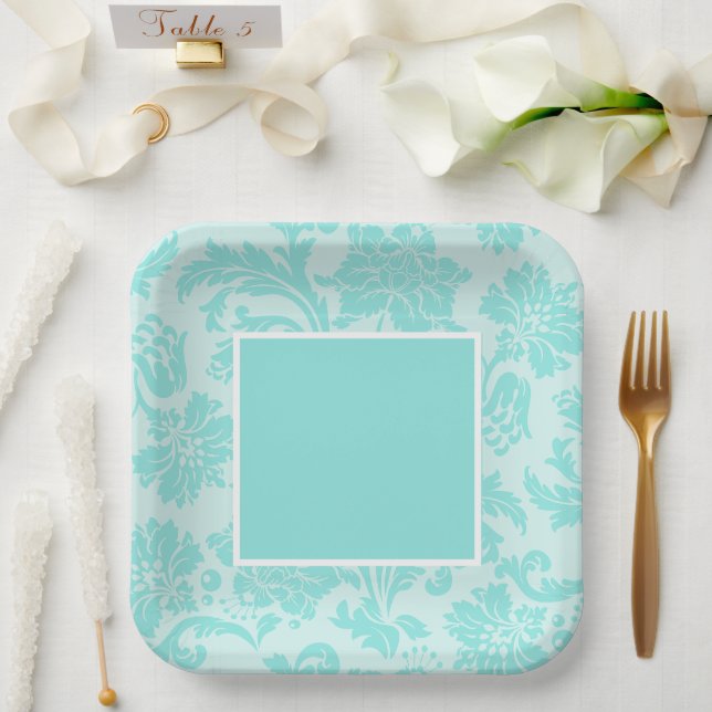 Plato De Papel placa de papel verde azulada para damasco (Boda)