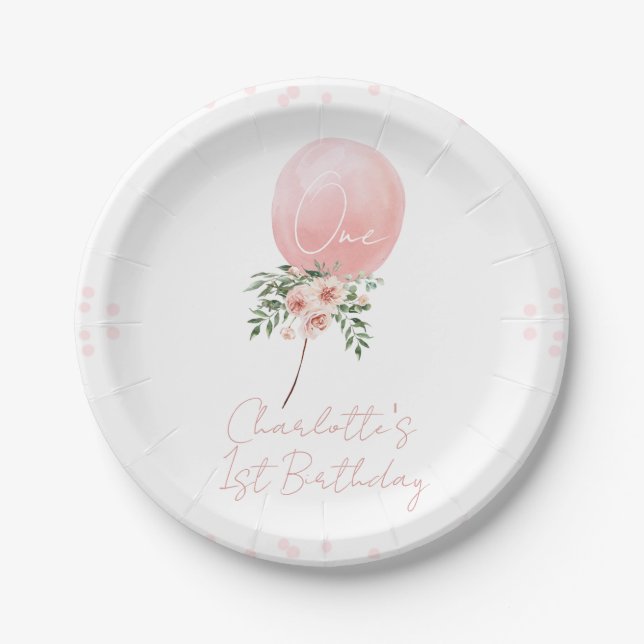 Plato De Papel Placa de primer cumpleaños de globo floral rosa (Anverso)