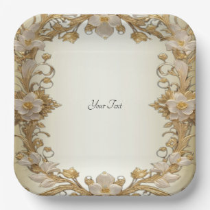 Plato De Papel Placa decorativa de papel de oro con flores blanca