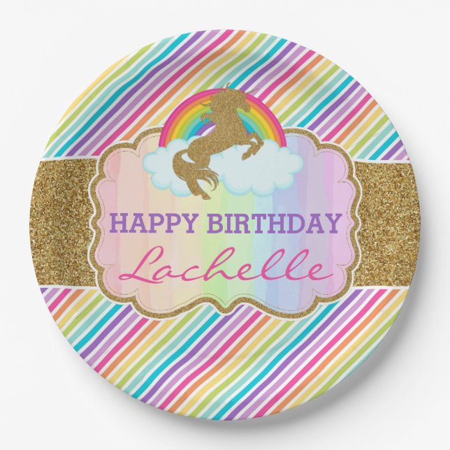 Plato De Papel Placa del feliz cumpleaños del unicornio del arco (Anverso)