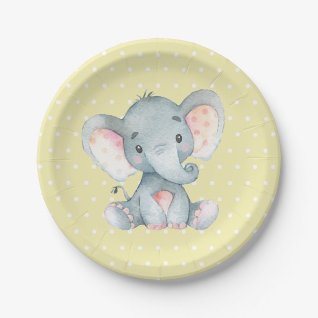 Plato De Papel Placa elefante de papel amarillo Baby Shower (Anverso)