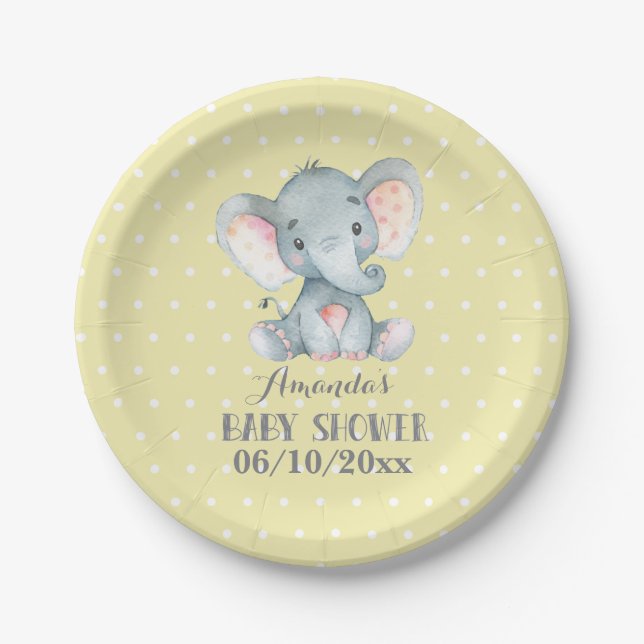 Plato De Papel Placa elefante de papel amarillo Baby Shower (Anverso)