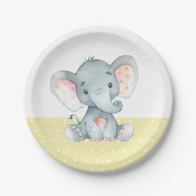 Plato De Papel Placa elefante de papel amarillo Baby Shower (Anverso)