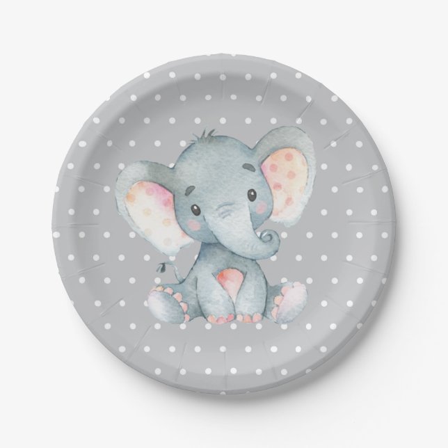 Plato De Papel Placa elefante de papel gris de Baby Shower (Anverso)