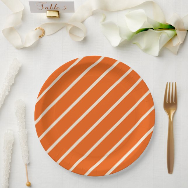 Plato De Papel Placa Fiesta a rayas blancas y naranja (Boda)