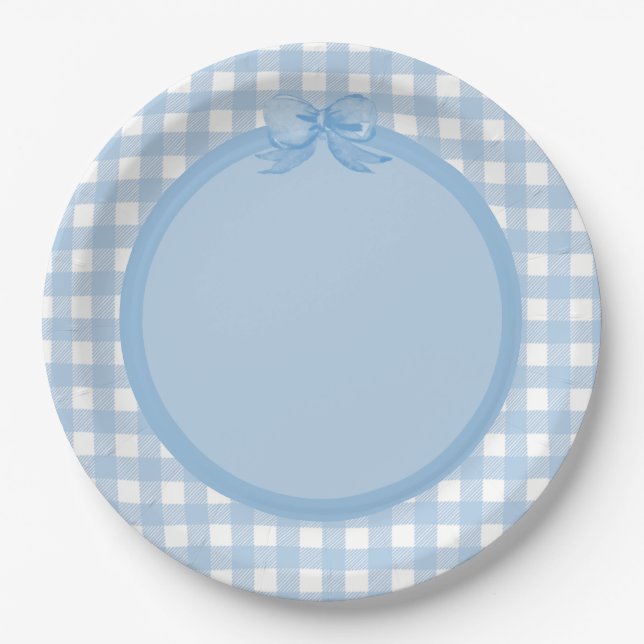Plato De Papel Placa Fiesta Blue Gingham y Bow (Anverso)