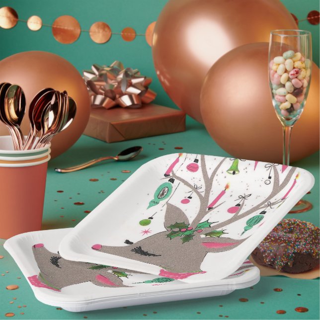 Plato De Papel Placa fiesta de Navidades de renos retro de época (Multi)