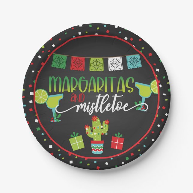 Plato De Papel Placa Fiesta de Navidades Margaritas y Mistletoe (Anverso)