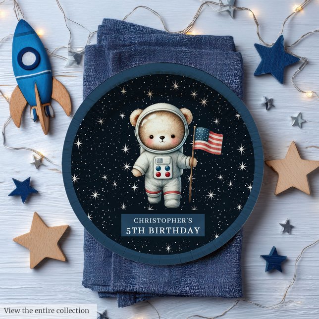 Plato De Papel Placa Fiesta de niño astronauta de Teddy personali (Personalized Teddy Astronaut Boy Party Plate)