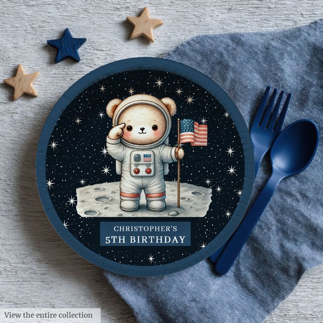 Plato De Papel Placa Fiesta de niño astronauta de Teddy personali (Personalized Teddy Astronaut Boy Party Plate)