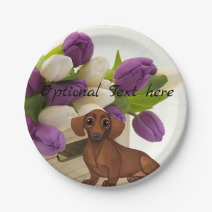 Plato De Papel Placa Fiesta de papel Dachshund Tulips