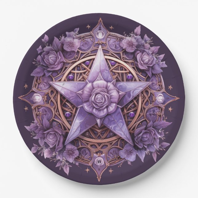 Plato De Papel Placa Fiesta de Pentáculo de Brujas - Diseño Rosa  (Anverso)