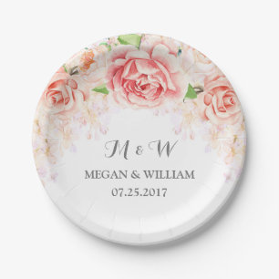 Plato De Papel Placa floral de la boda de la acuarela rosada