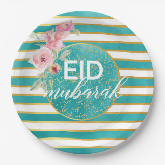 Plato De Papel Placa floral de oro Verde azulada Eid Mubarak
