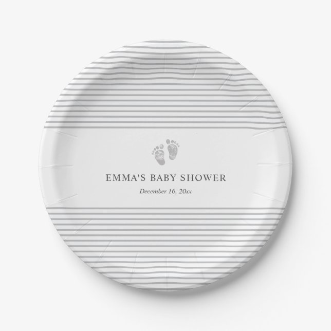 Plato De Papel Placa gris de Baby Shower de la raya de la huella (Anverso)