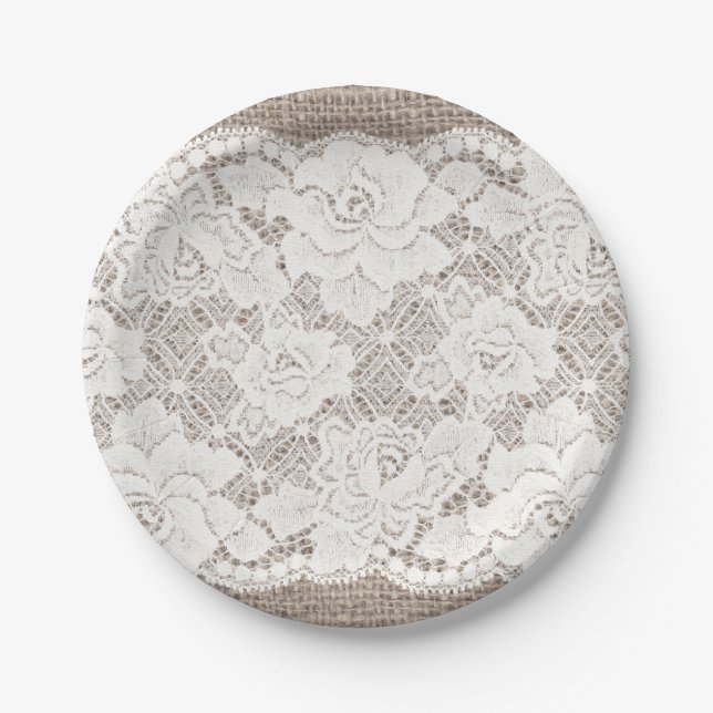 Plato De Papel Placa natural Shabby Chic Burlap y Lace Paper (Anverso)