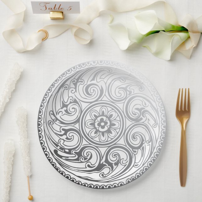 Plato De Papel Placa Ornamental de Swirls Blanco boda Plata (Boda)