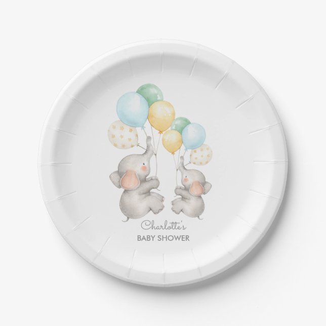 Plato De Papel Placa para elefante Baby Shower de 7" para pastas  (Anverso)