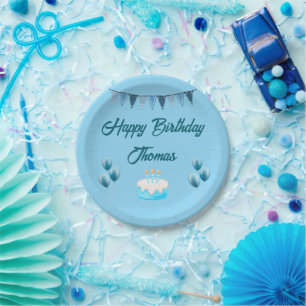 Plato De Papel Placa personalizada de papel de cumpleaños azul