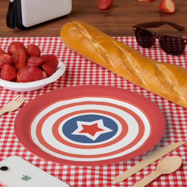 Plato De Papel Placa roja con línea circular blanca y estrella ce (Picnic)