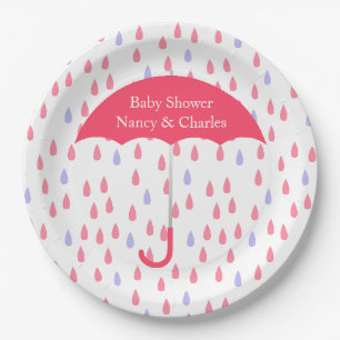 Plato De Papel Placa rosada de Baby Shower del paraguas