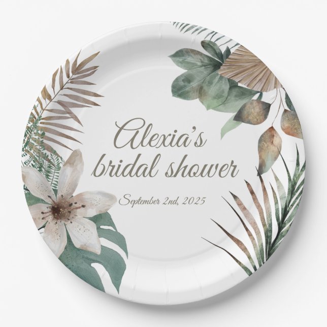 Plato De Papel Placa Tropical Bridal Shower | Jungla Oro Verde (Anverso)