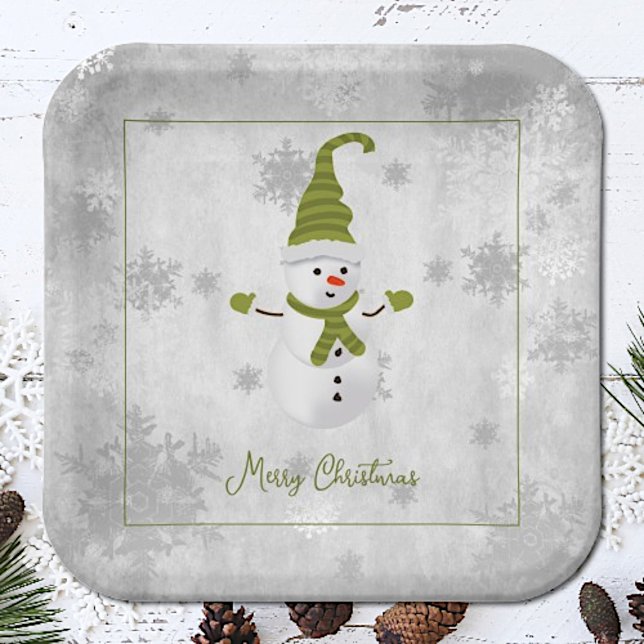 Plato De Papel Placa verde de papel de muñeco de nieve (Green Cute Snowman Christmas Paper Plates)