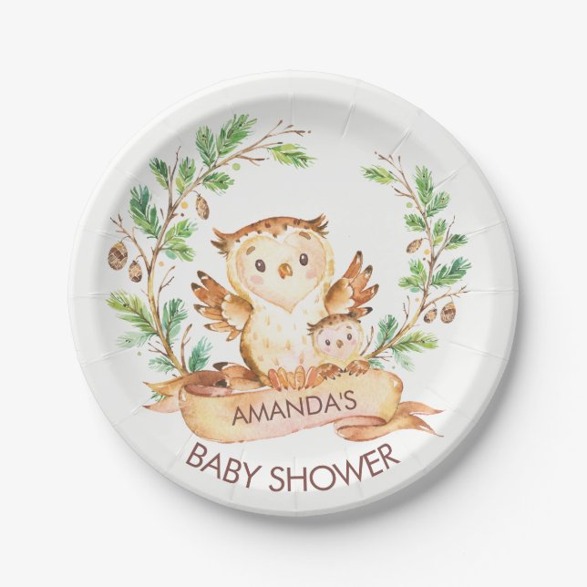 Plato De Papel Placa Woodland OWLS Baby Shower 7" (Anverso)