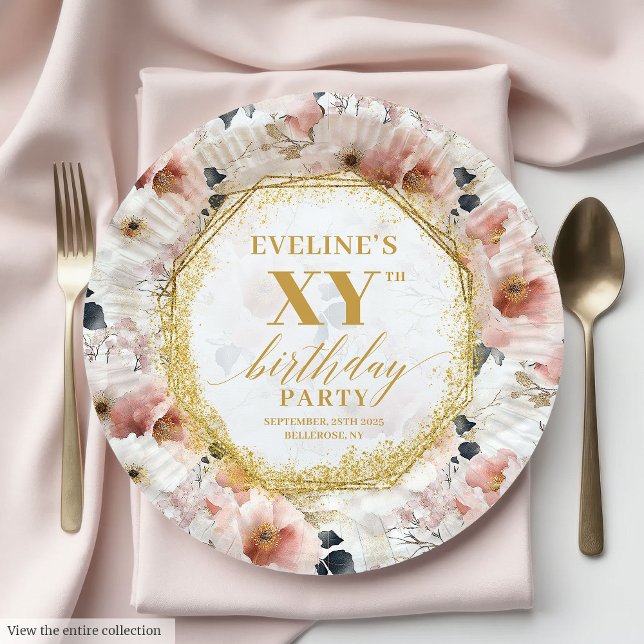 Plato De Papel Placas alegres de papel de cumpleaños rosado con p (Joyful Floral Dusty Pink Birthday Paper Plates)