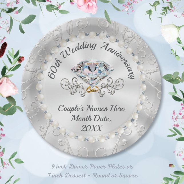 Plato De Papel Placas asombrosas de papel de diamante, PERSONALIZ (60th anniversary plates. Gorgeous and Elegant, diamond anniversary paper plates. 60 year anniversary)