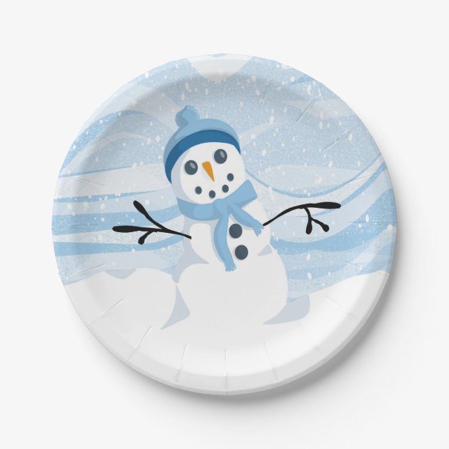 Plato De Papel Placas azules de papel de Snowman (Anverso)