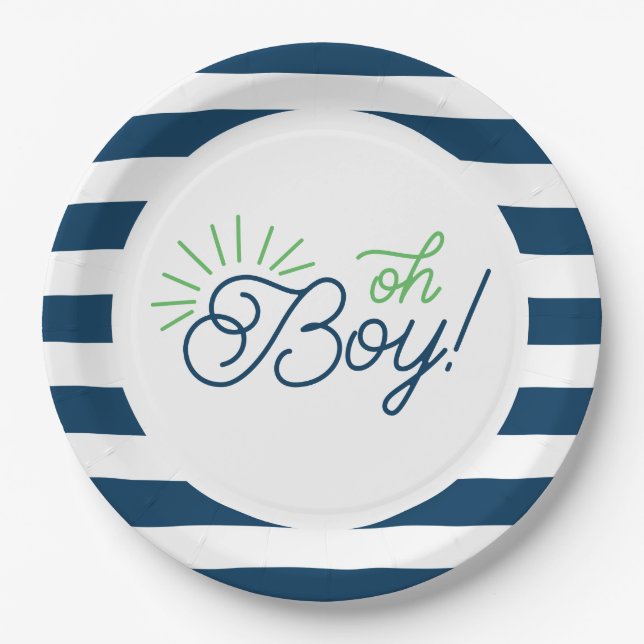 Plato De Papel Placas Baby Shower a rayas blancas y navales (Anverso)