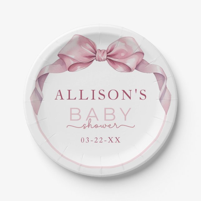 Plato De Papel Placas Baby Shower Coquette Bow - Elegante costill (Anverso)