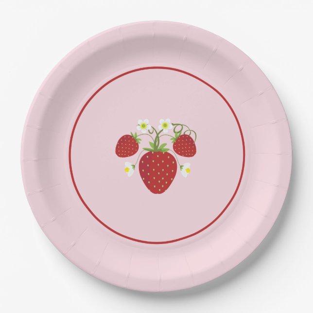 Plato De Papel Placas Baby Shower de fresa| Rosa (Anverso)