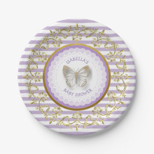 Plato De Papel Placas Baby Shower de mariposa morada y dorada
