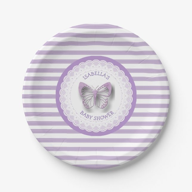Plato De Papel Placas Baby Shower de mariposa púrpura personaliza (Anverso)