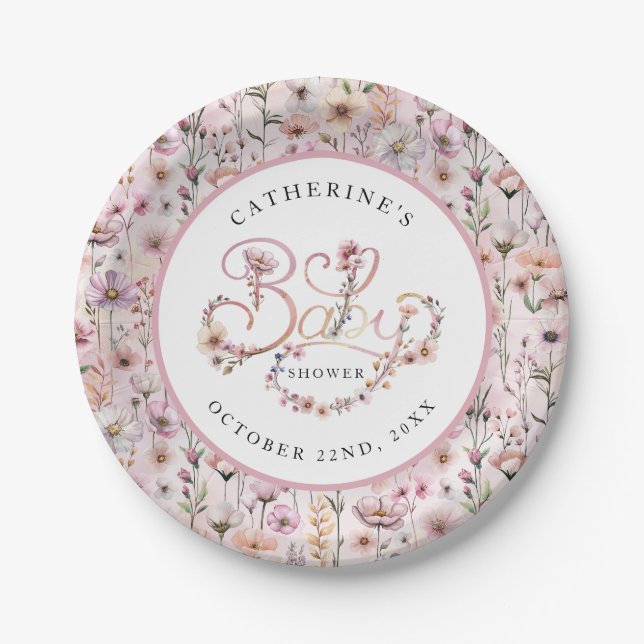 Plato De Papel Placas Baby Shower Dusty Pink Wildflower - Boho Fl (Anverso)