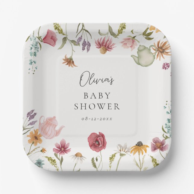 Plato De Papel Placas Baby Shower Floral para té (Anverso)