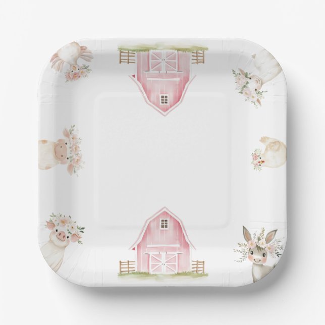Plato De Papel Placas Baby Shower para animales de granja rosa de (Anverso)