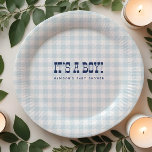 Plato De Papel Placas Baby Shower Retro Cowboy Blue Gingham Boy<br><div class="desc">Añada un toque de encanto vintage a su ducha de bebé con nuestras Placas Retro Cowboy Blue Gingham. Perfectamente diseñado para celebrar la llegada de tu pequeño, estos platos combinan nostálgico tipo de letra occidental con un suave patrón de gingham azul, convirtiéndolo en una deliciosa adición a cualquier tema de...</div>