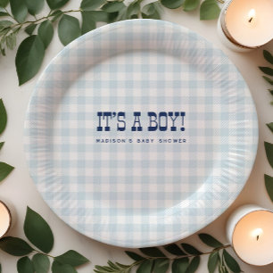 Plato De Papel Placas Baby Shower Retro Cowboy Blue Gingham Boy