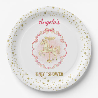 Plato De Papel Placas Baby Shower rosadas y Gold Pony